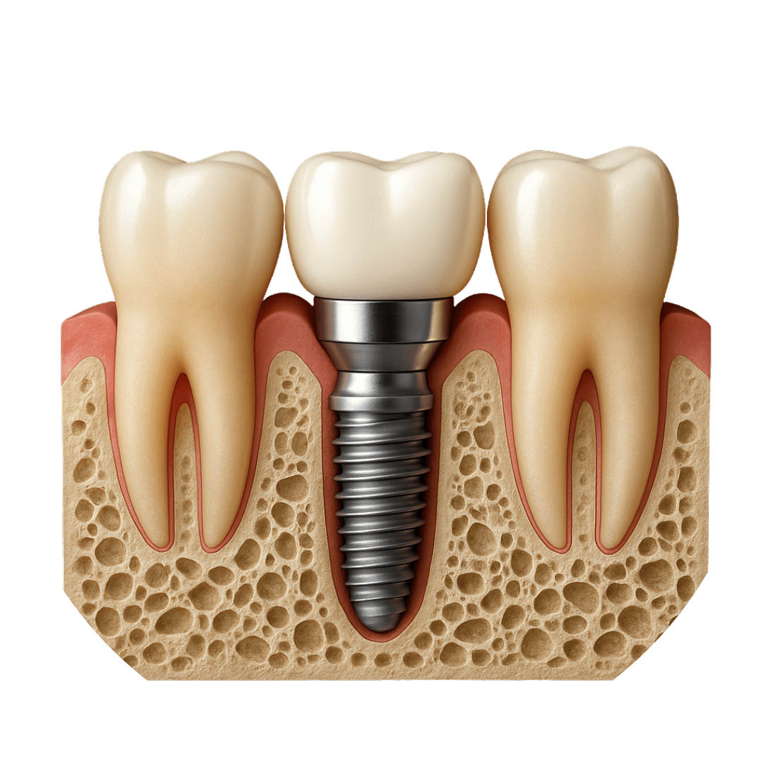 Single-tooth dental implant in 3D showing crown, abutment, and titanium implant fixture for patients from the United States